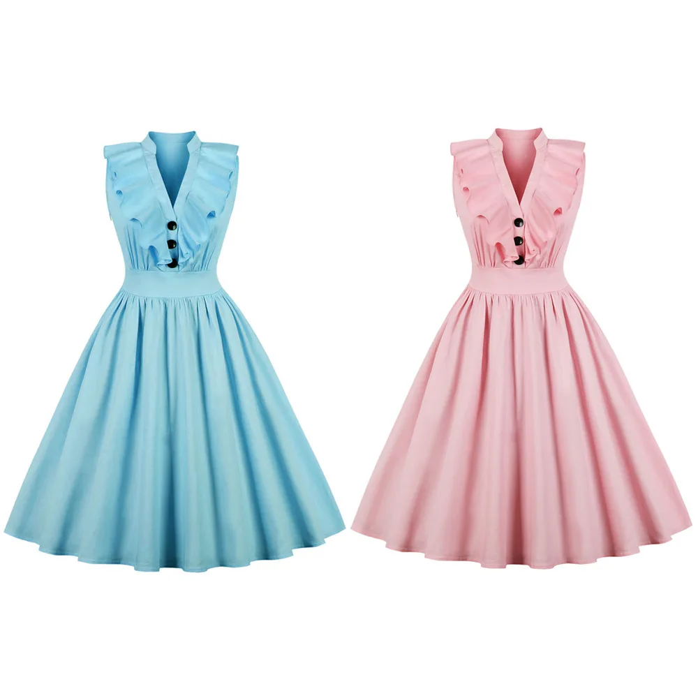 Big Size Beauties Maxi Clothes Women Ruffle Sleeveless V Neck Pink Party A Line Knee Length Midi Vintage Dress
