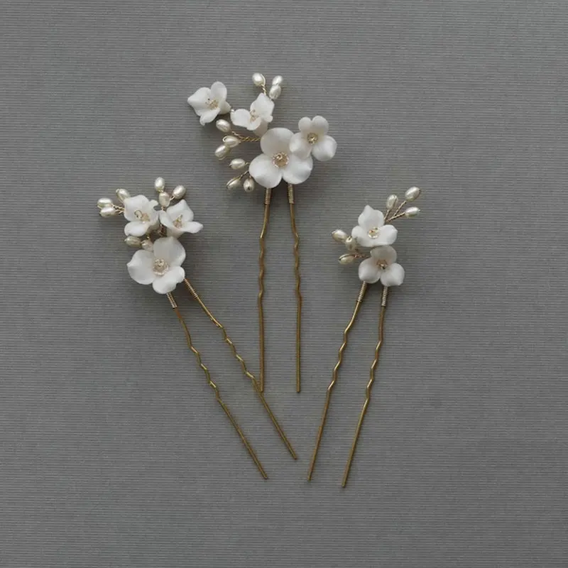 Retro Simple Handmade Ceramic Flower Bridal Hairpins gorgeous Fresh Water Pearls Bun Pin Set Women Wedding Headpiece Accessories