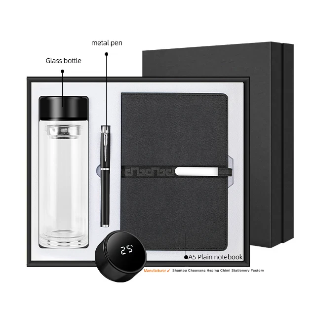 High quality temperature display glass bottle  exquisite notebook metal pen gift set business corporate