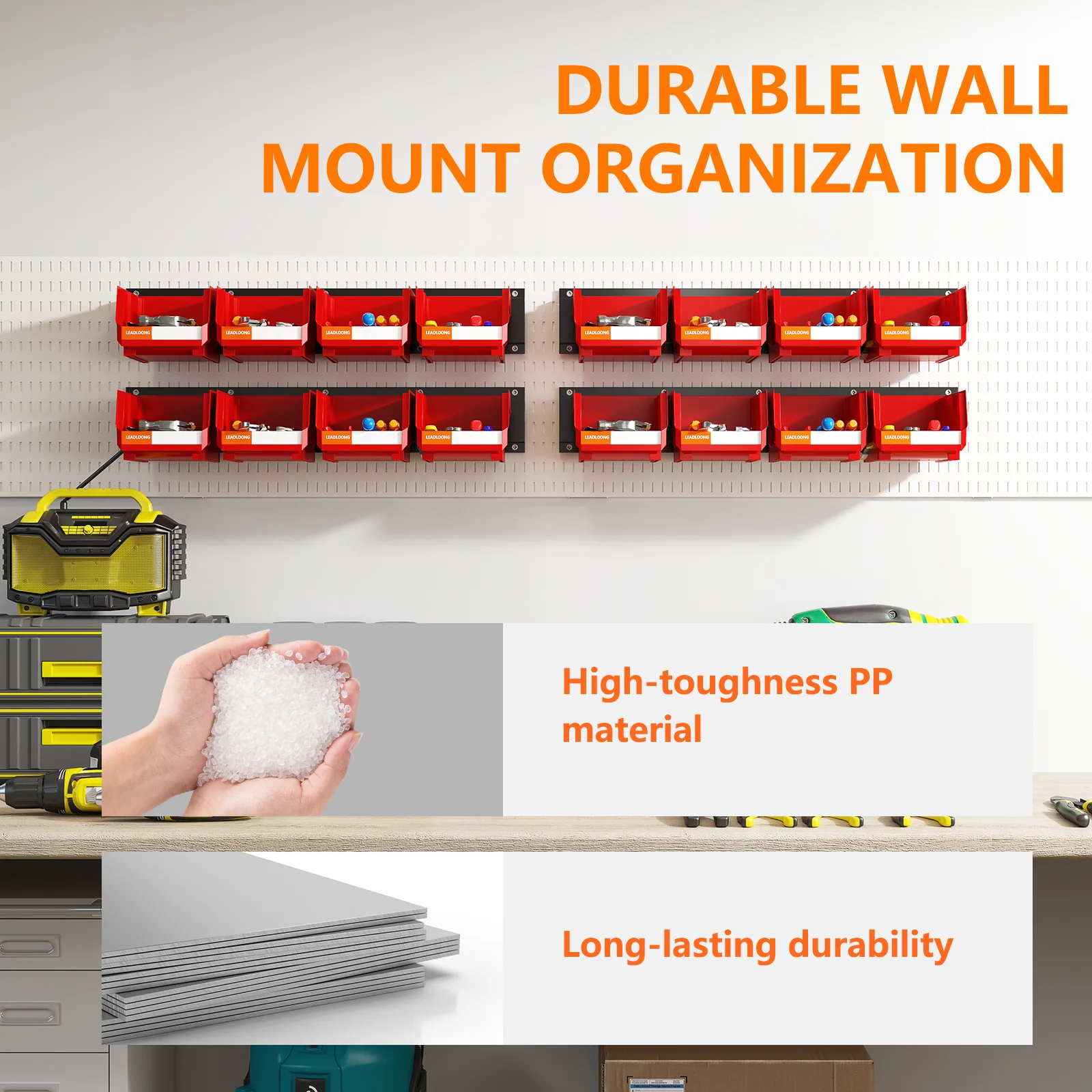 LEADLOONG Red Metal Durable Wall Mount Organization 49.7*11.4 CM/19.6*4.5 INCH Plastic Garage Part Organized Parts bin with Rack