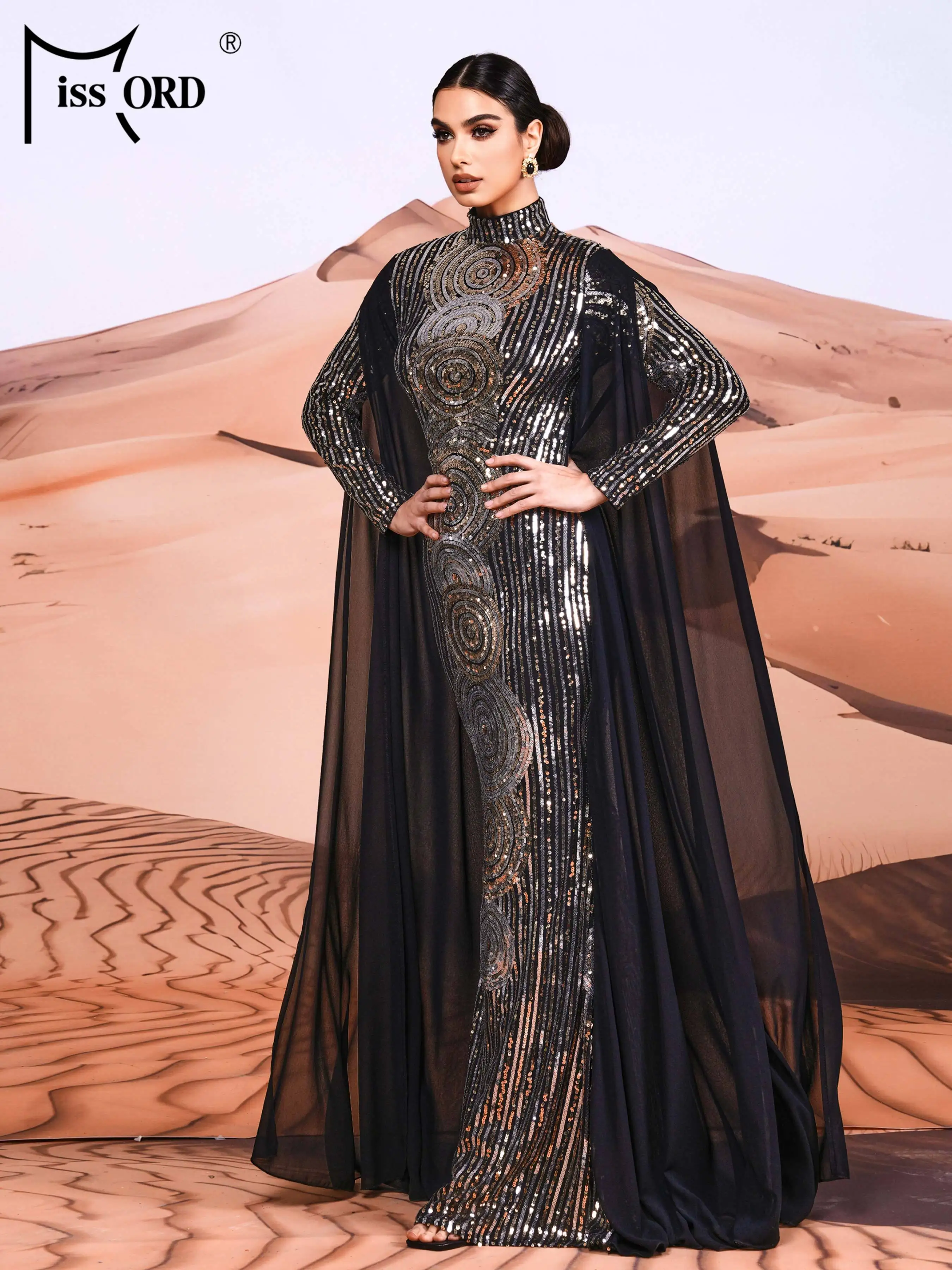 Stand Collar Long Cape Sleeve Maxi Sequin Hijab Arabic Istanbul Moroccan Turkish Dubai Muslim Modest Evening Dresses for Women