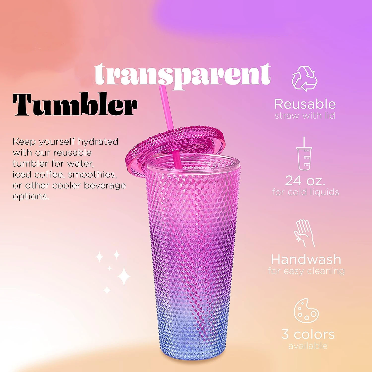 BPA free 24oz Diamond Studded Tumbler Double Wall Plastic Water Bottle Termos Juice Bottle Ice Tea Coffee Mug with Straw