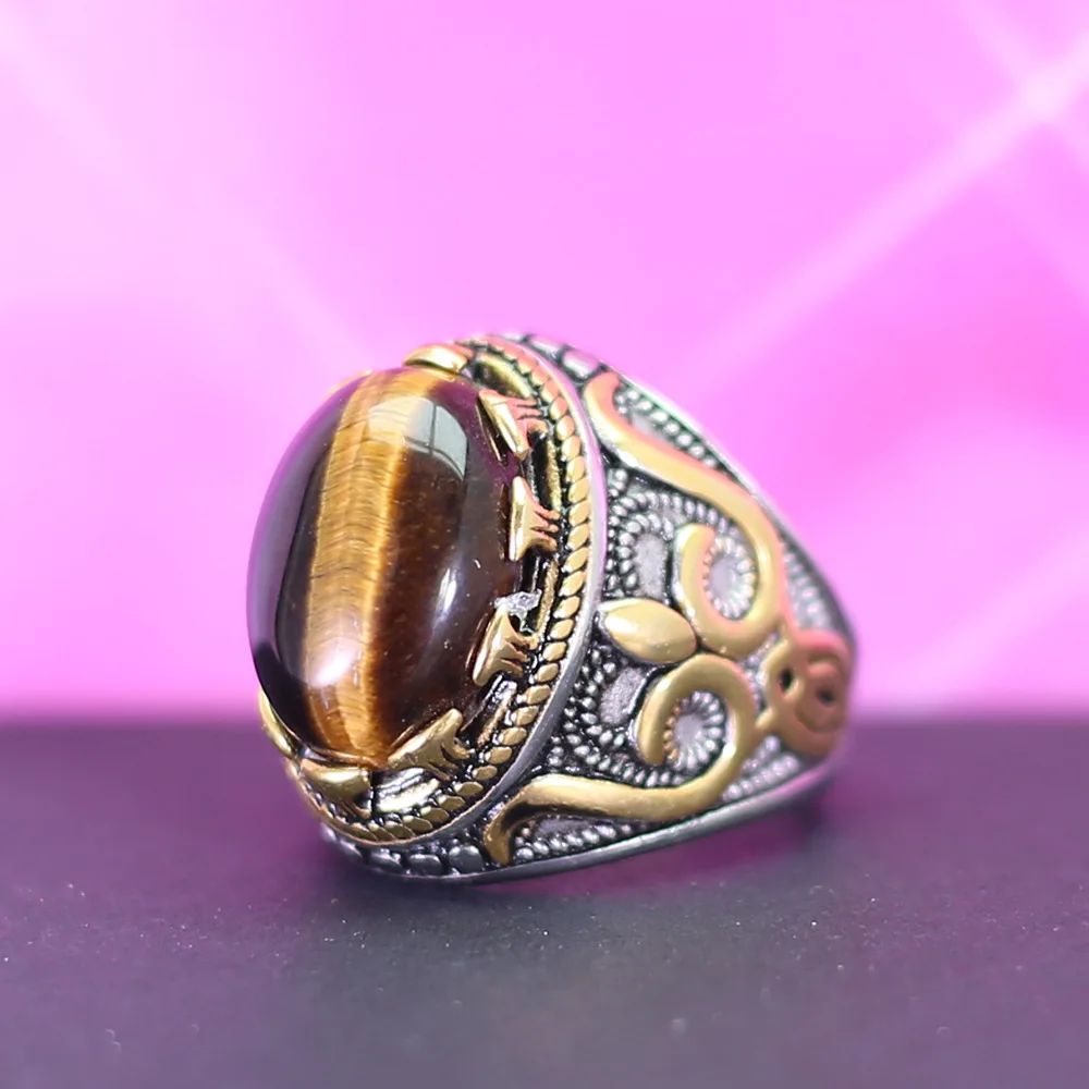 Wholesale Stainless Steel Tiger Eye Ring For Men Gold Plated Tiger Eye Stone Ring Turquoise Man Ring