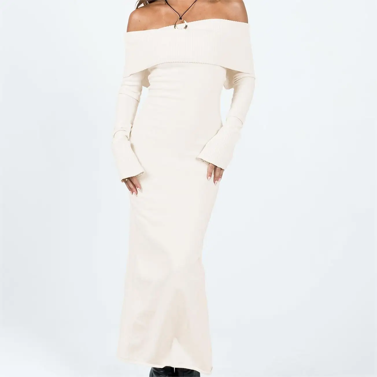 OEM высококачественные женские зимние трикотажные макси платья без бретелек с длинным рукавом белые обтягивающие сексуальные