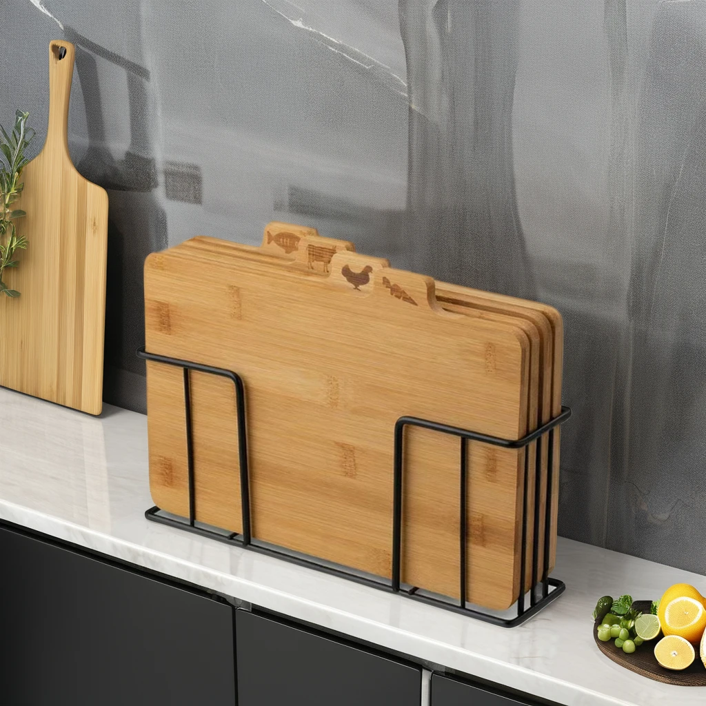 Set of 4 Bamboo Wooden Index Cutting Board Chopping Board  with Storage Metal Holder for Kitchen Bread Meat Vegetables Fish