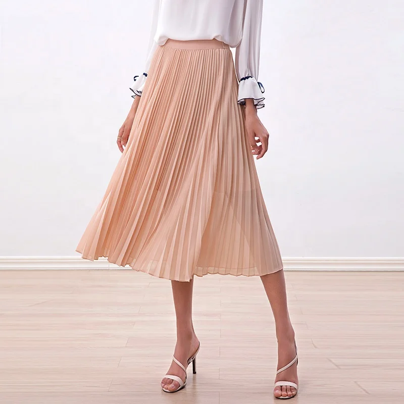 S280L Solid chiffon elasticated waist full circle sunburst pleated midi casual skirt