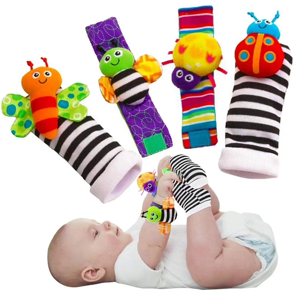 Wholesale Price 4pcs Set Cute Animal Soft Baby Socks Rattle Toys Wrist Rattles And Foot Finders Fun Butterflies And Lady Bugs