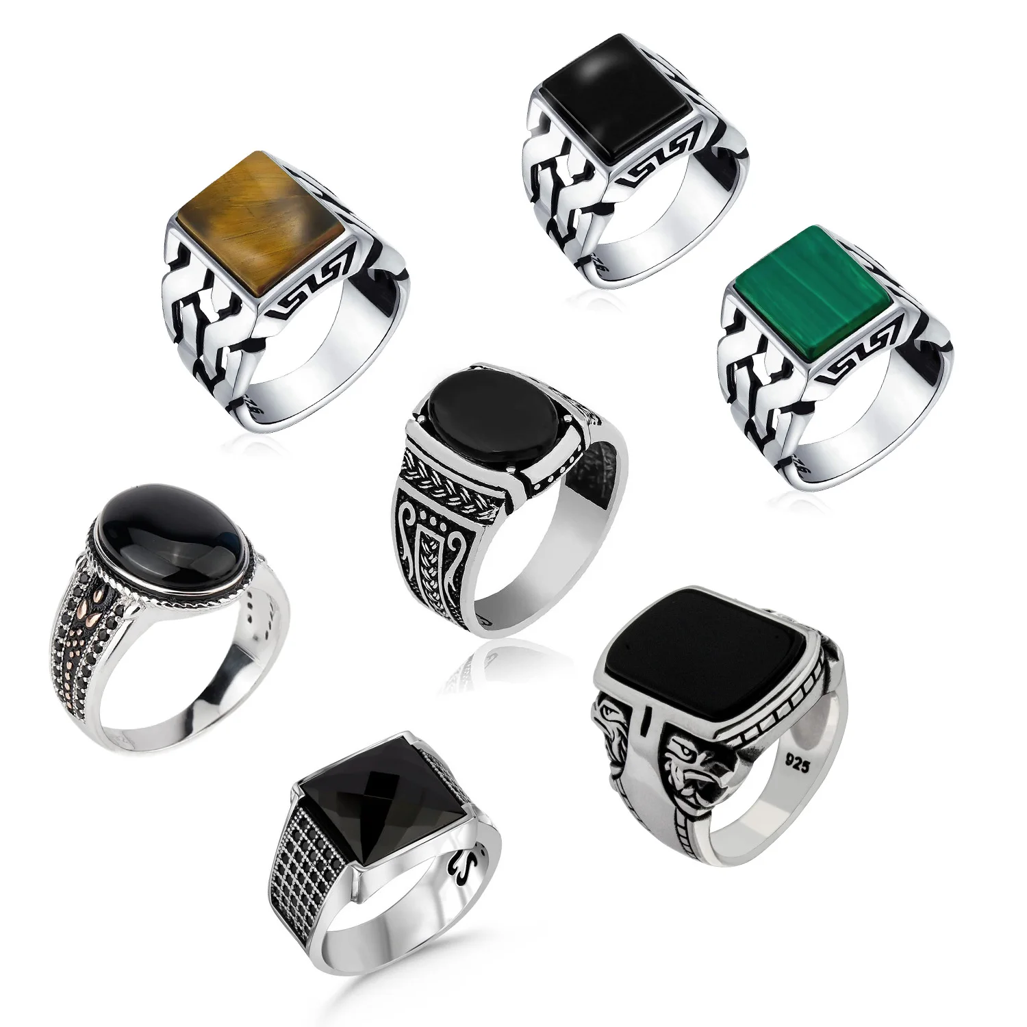 Luxury Custom 925 Sterling Silver Eagle Design Heavy Jewelry Oval Black Solid Stone Gemstone Men Zircon Ring