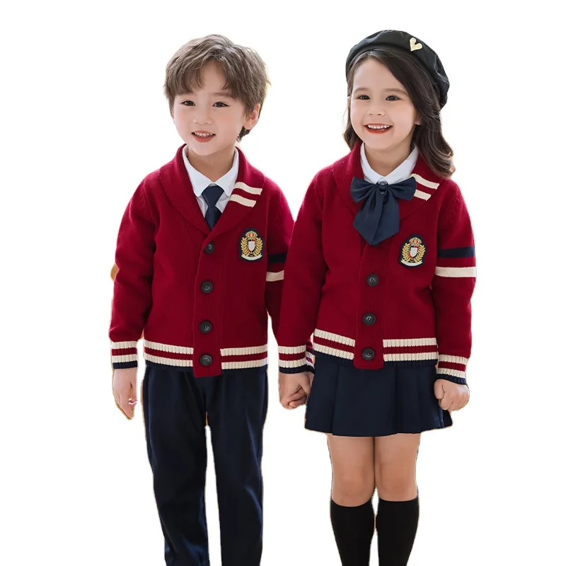 Factory Custom Kindergarten uniforms college varsity academy cardigan sweater set elementary school uniforms
