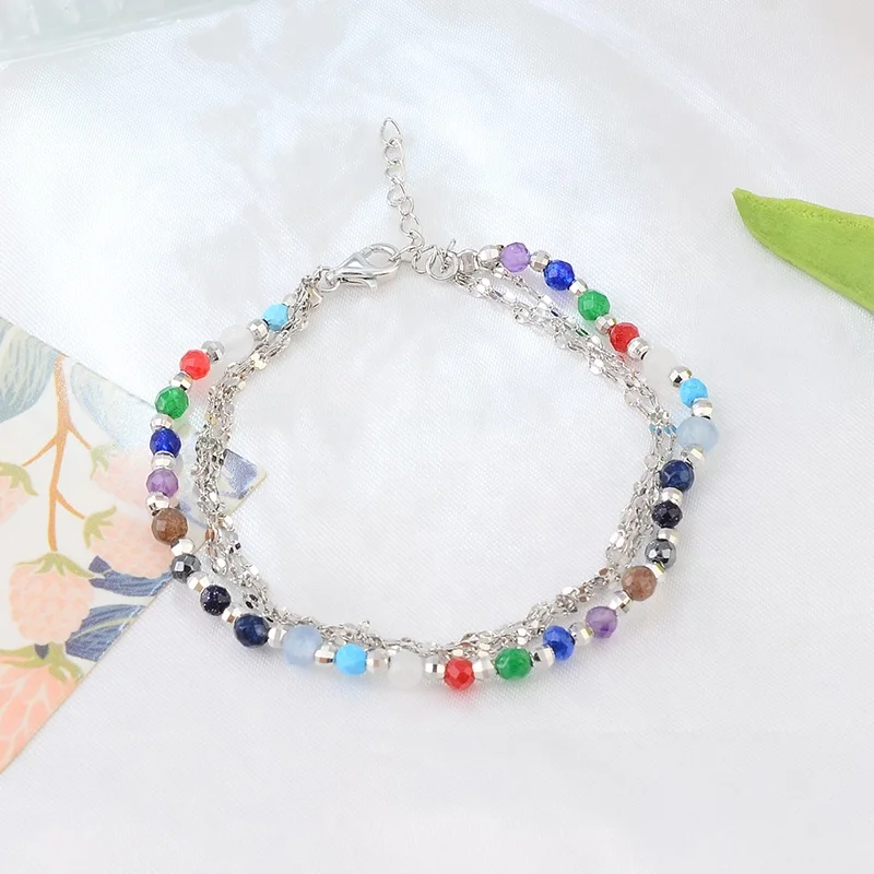 High Quality Rainbow Colorful Natural Irregular Stone Beads Lanyard With Link Chain 925 Silver Charm Bracelet For Women