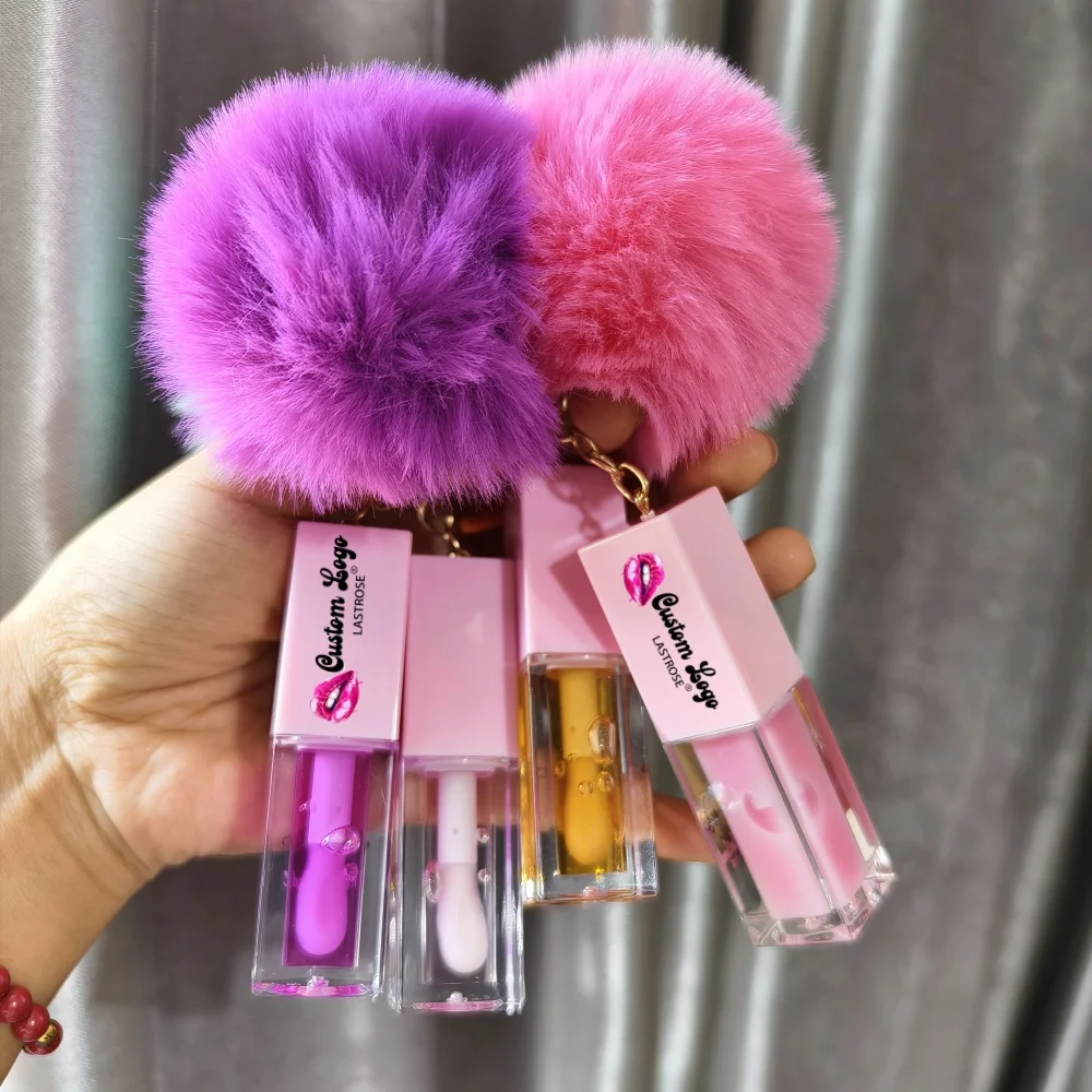 Factory Price Pom Key Chain Lip Oil Cute Fur Ball Fruit Flavor 34 Colors Lip Gloss Moisturizing Kid Lip Gloss Oil