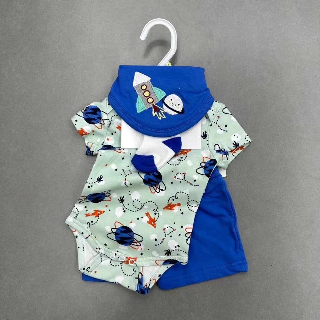 New Summer Baby Clothing for 2024 Baby 4 piece set Printed Cute Pattern Shorts Set Waffle Kids Shorts Set, summer baby clothing