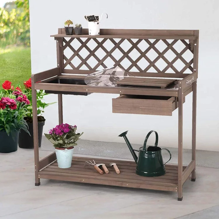 Jaalex Wooden Garden Potting Bench Outdoor 2 Tier Garden Planting Work Bench With Storage And Draw