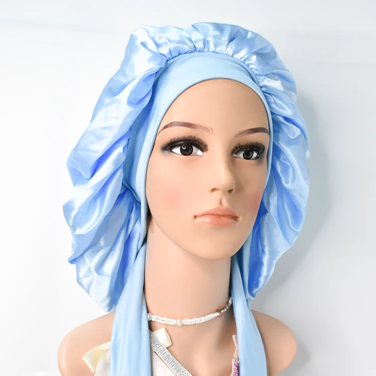 Custom logo solid Satin Bonnet with Wide Stretch Ties Long HairNight Sleep Hat Adjust Hair accessories bonnet (1600293172661)