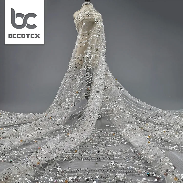 White Beaded Tulle Lace Wedding Luxury Pearls and Sequins Embroidery Lace Fabric for Women Party Dress