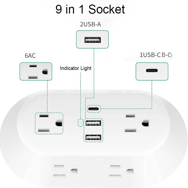 3 Usb 1 Tpye-c Wall Fast Charger 6 Ac Socket Surge Protector Power Board Outlet Extender