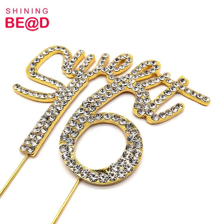 Sparkling Crystal Sweet 16 Cake Topper Gold Alloy Rhinestone Cake Topper for 16th Birthday Party Cake Decoration Favored Gifts