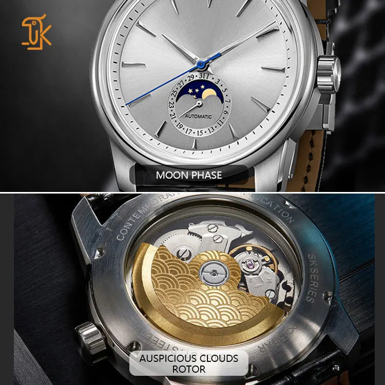 Custom Stainless Steel Moon Phase Watch Leather Dress Calender Automatic Mechanical WristWatch For Men Manufacturers
