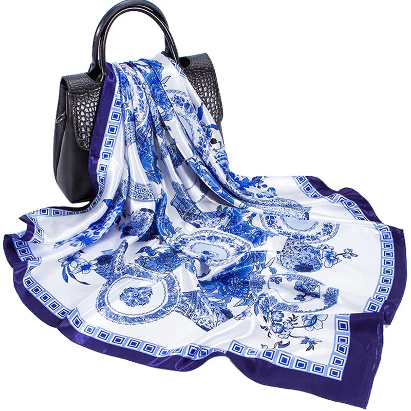 New Trend Vintage Design Square Hijab Classic Chinese Style Blue and White Porcelain Digital Print Silk Scarf Female
