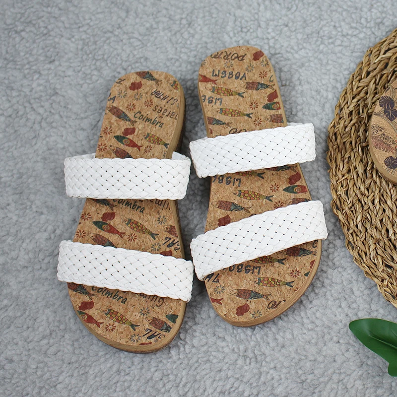 Manufacturer Hot Sale Ladies Women Flip Flop Slippers Women cork thong flip flop braided PU sandal with natural cork outsole