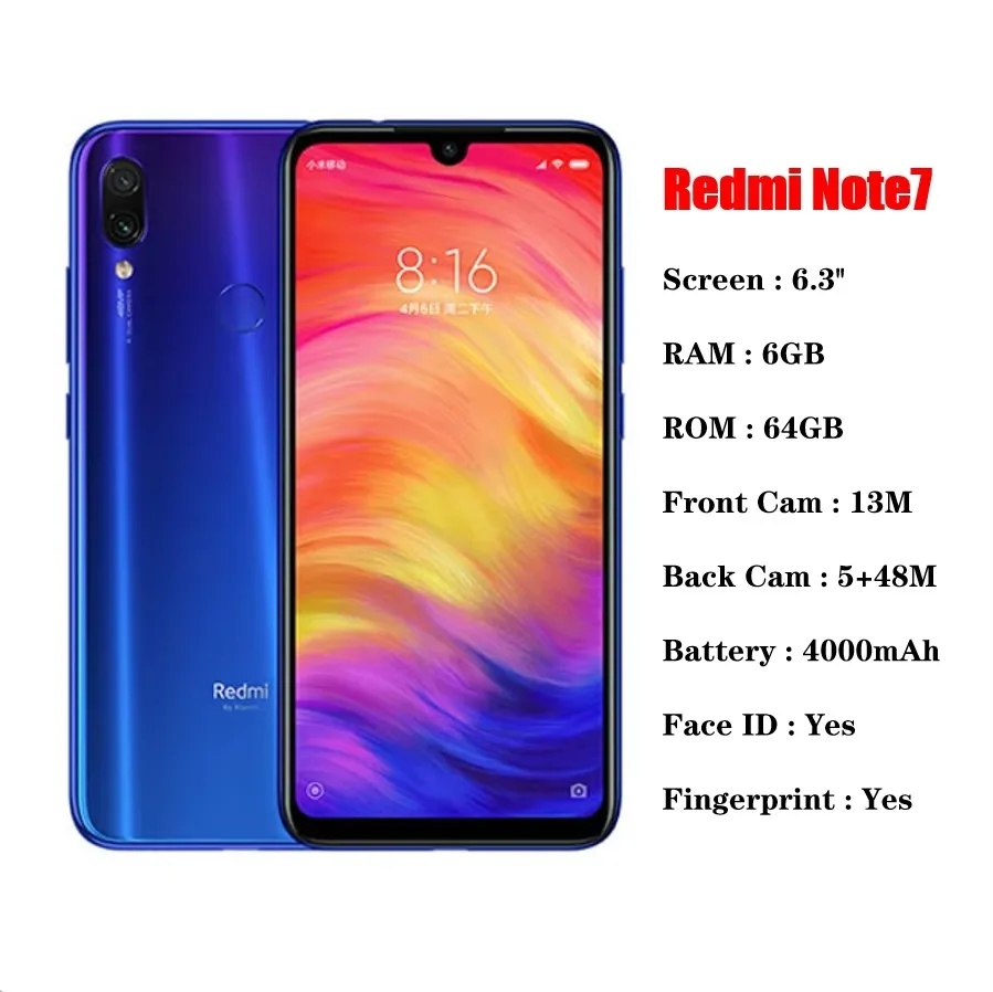 Разблокированный для Xiaomi Redmi Note 7 Pro глобальная версия совместим с GSM CDMA 5G 6G 128GB хранилище Android умное используемое состояние