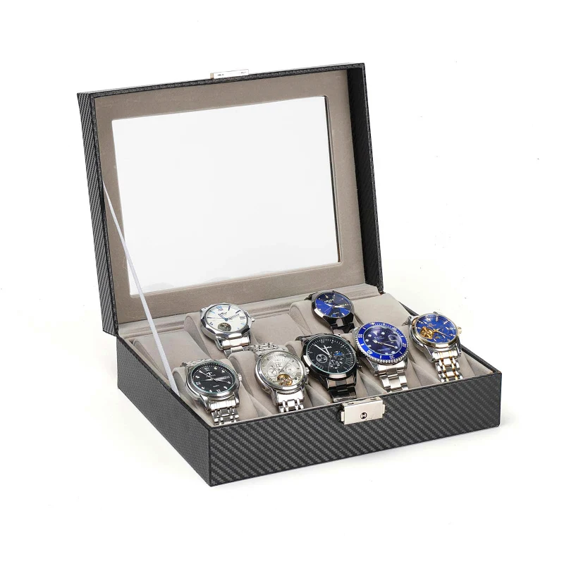 Black Carbon Fiber Leather Gray Interior 10 Compartment Watch Display Storage Box