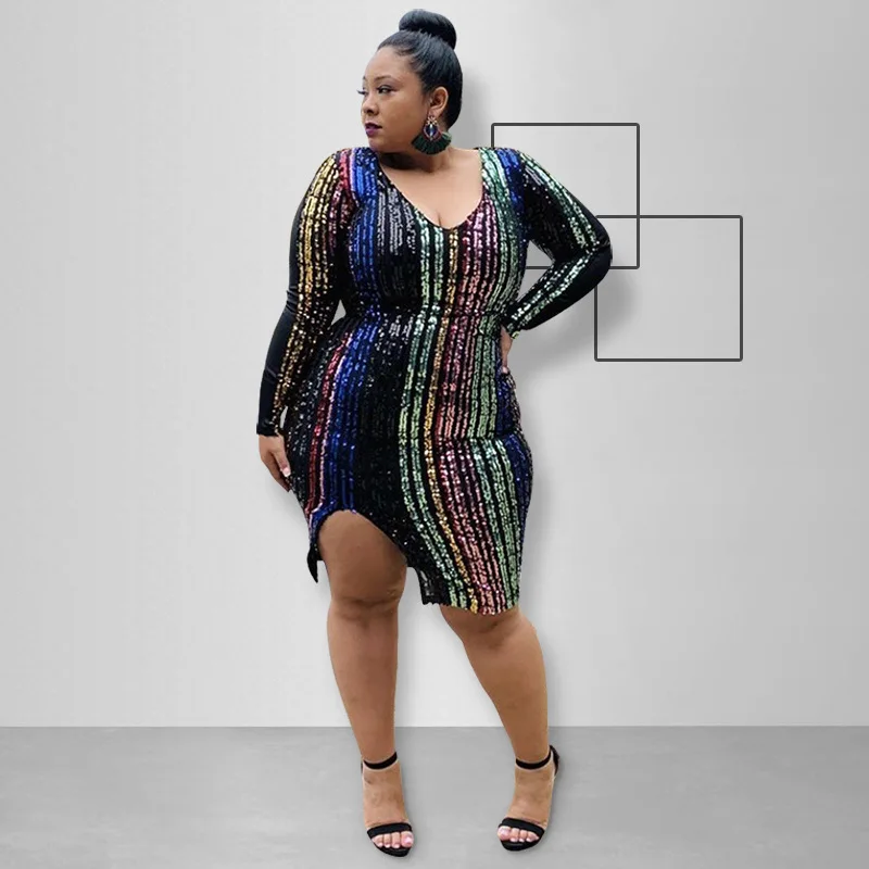  Женская одежда GX619A женское облегающее платье с длинным рукавом сексуальное Элегантное летнее платье-миди большого размера блестками для полных девушек