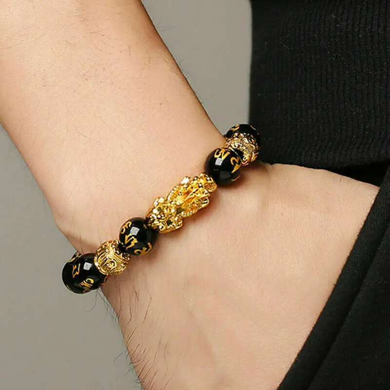  Directly Factory Wholesale Six-Character Mantra of Lucky Gold Plated Pixiu Fengshui Black Obsidian Bracelet