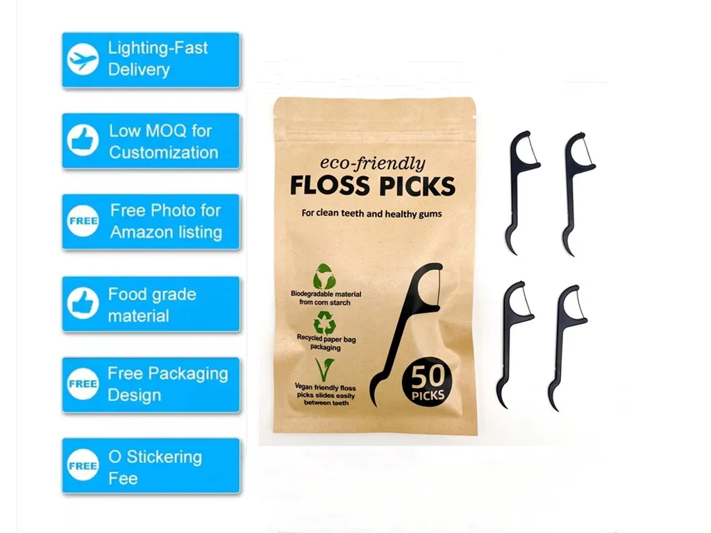100% Biodegradable vegan toothpick handle corn starch straw eco friendly dental floss picks for cleansing