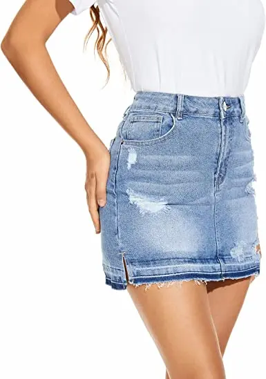 Denim Skirt Cheap Mini Sexy Jeans  Dresses Women Mid Waist  Lady Sexy Denim Short Skirt Raw Edge Split Jean Skirts for Women