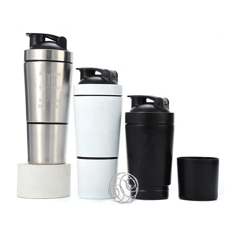 Single wall stainless steel protein shaker bottle tumbler with compartment & storage protein