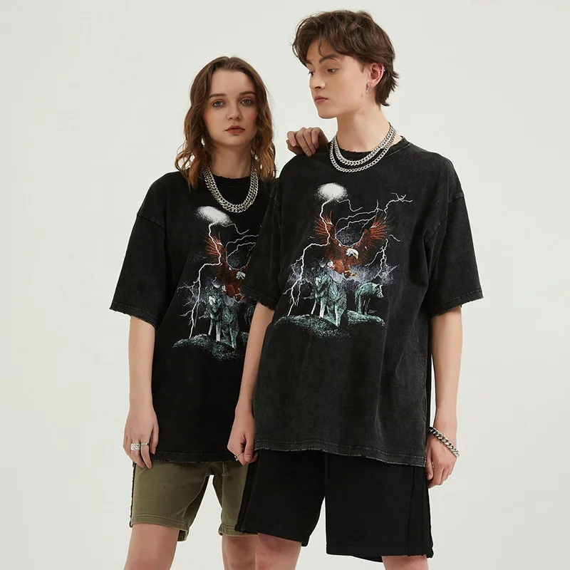 High Street Hip Hop DTG Printing Vintage Crewneck Acid Washed T shirt Men