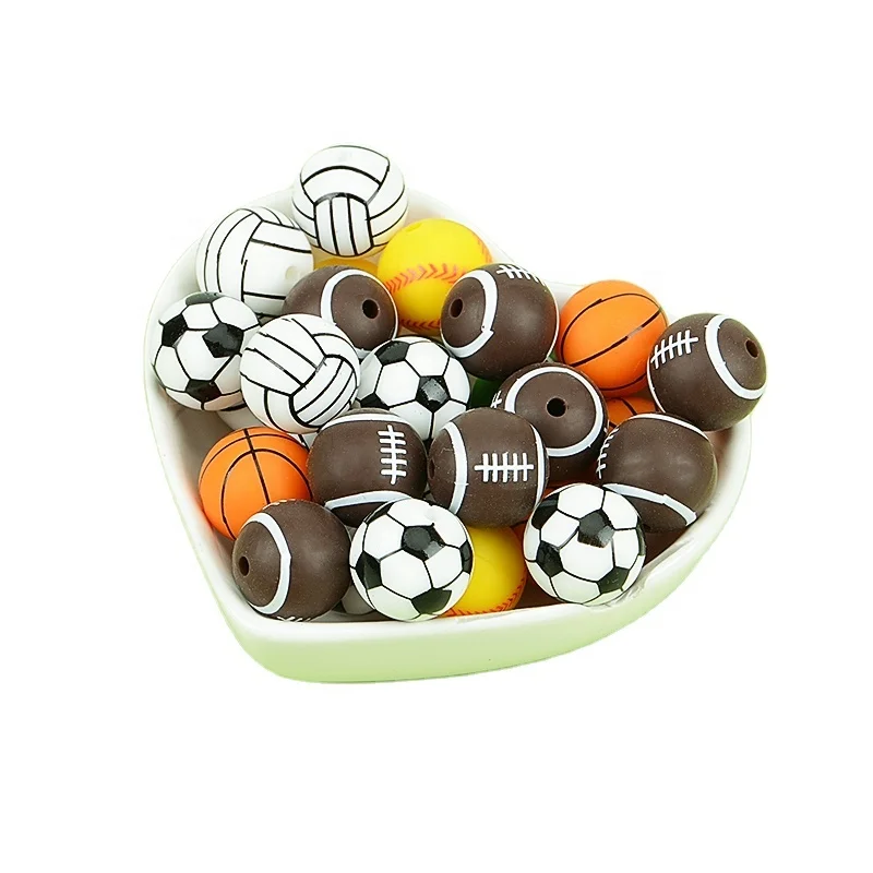 Hot Fashion Sport Style 100% Food Grade Silicone Chewable Necklace Teether Silicone Tennis Volleyball Soccer Teething Bead