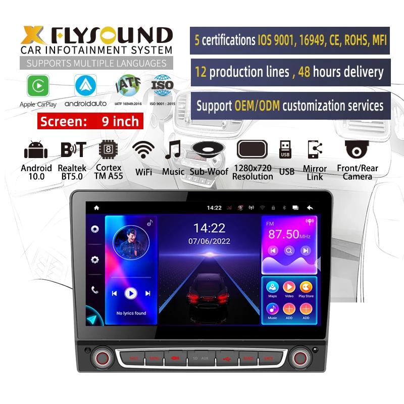 Flysonic Dashboard Universal fit carplay screen 9 inch 1280*720 Mirror link car stereo android car radio