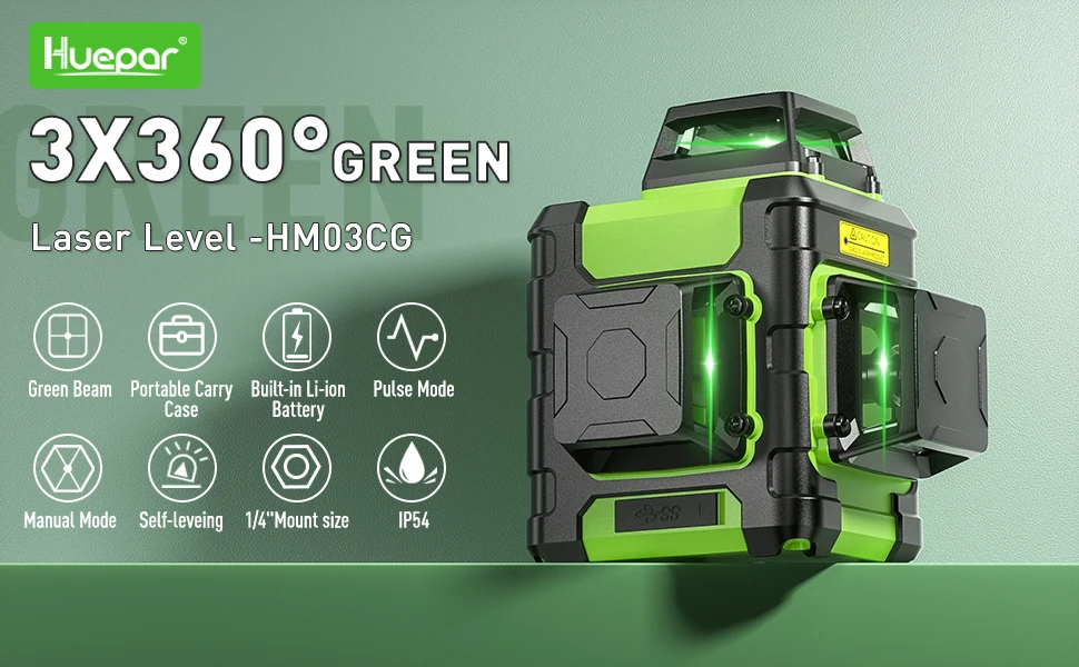 Huepar Self Leveling Green 12 Lines Laser Levels HM03CG Cross Beam HM Serie