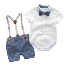 New Arrived British Style Cotton Children Clothes Summer Baby Boy Clothes Short Sleeve Romper Shirt Suspender Shorts Suit Sets