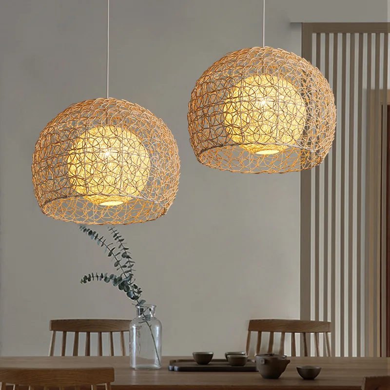 Personalized rattan bedroom living room E27 chandelier rustic simple restaurant hemp ball pendant light for Indoor Decoration