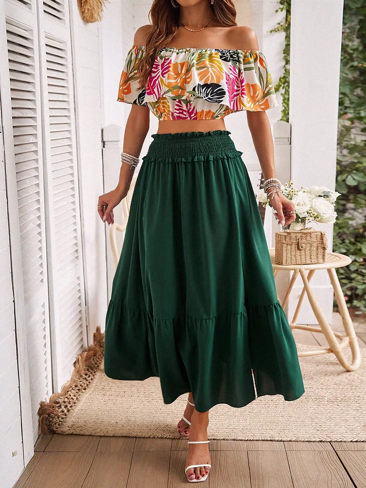 Ladies dresses 2024 new summer beach vacation floral long classy skirt and top set 2 pieces set women clothing