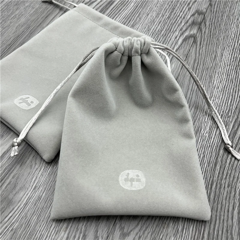 Wholesale luxury grey velvet drawstring jewelry bag with embossed logo for watch/eyewear