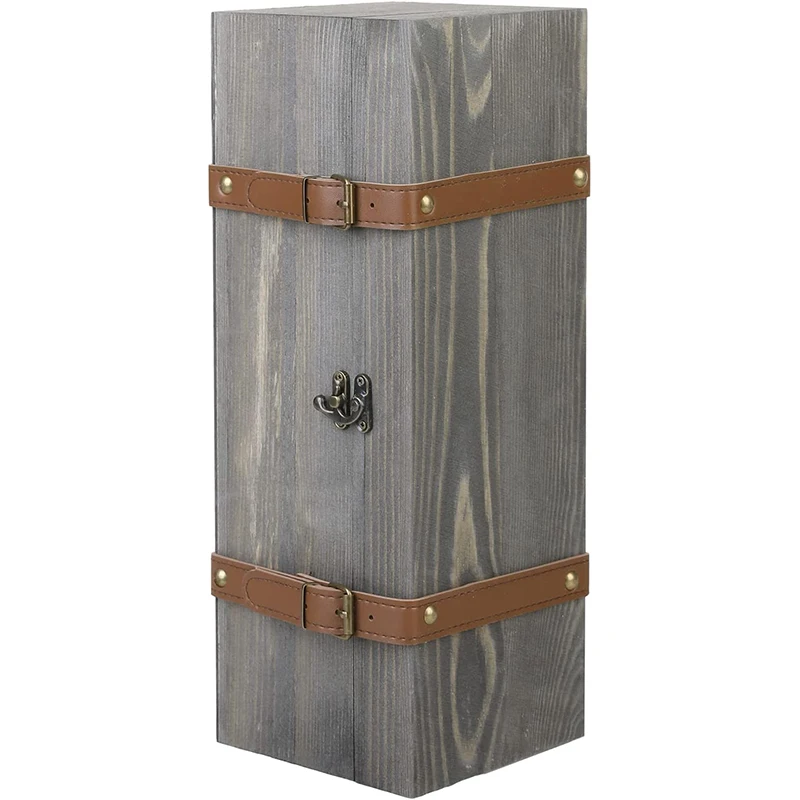 Conch wine box gift Vintage Gray Wood Single Wine Bottle Gift Box Storage Chest with Leatherette Buckle Straps