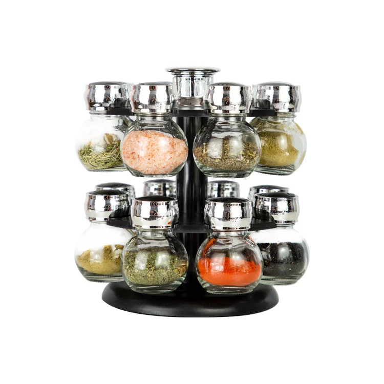 Hot Selling 16 PCS Revolving Spice Jars with Stand Holder Rotary Glass Seasoning Jars Set