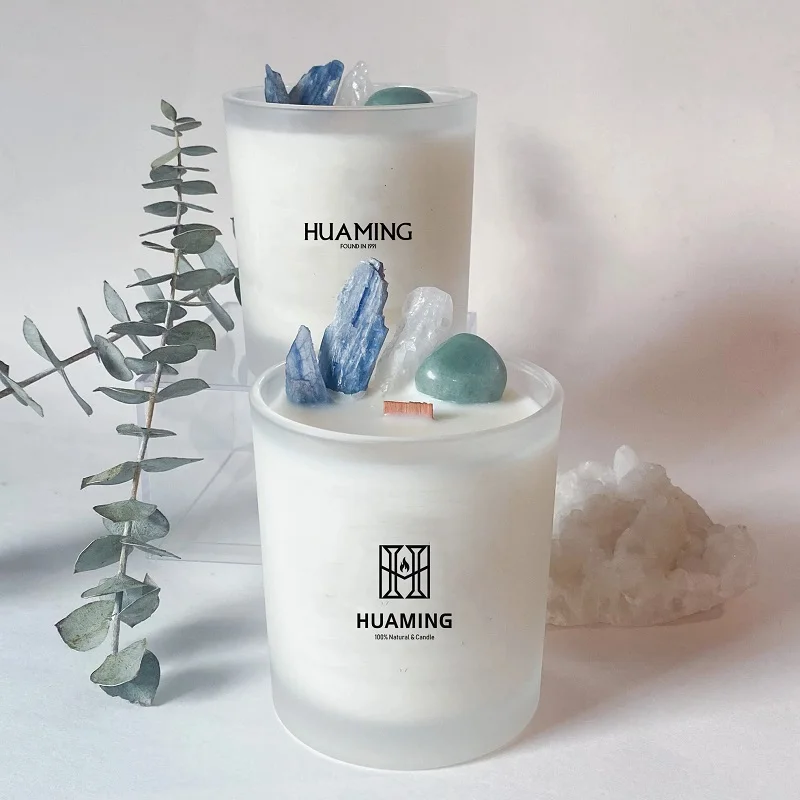 Huaming Small Novelties Wood Wick Gemstone Aromatherapy Luxury Candles Custom Tea Rose Soy Wax Crystal Glass Scented Candle