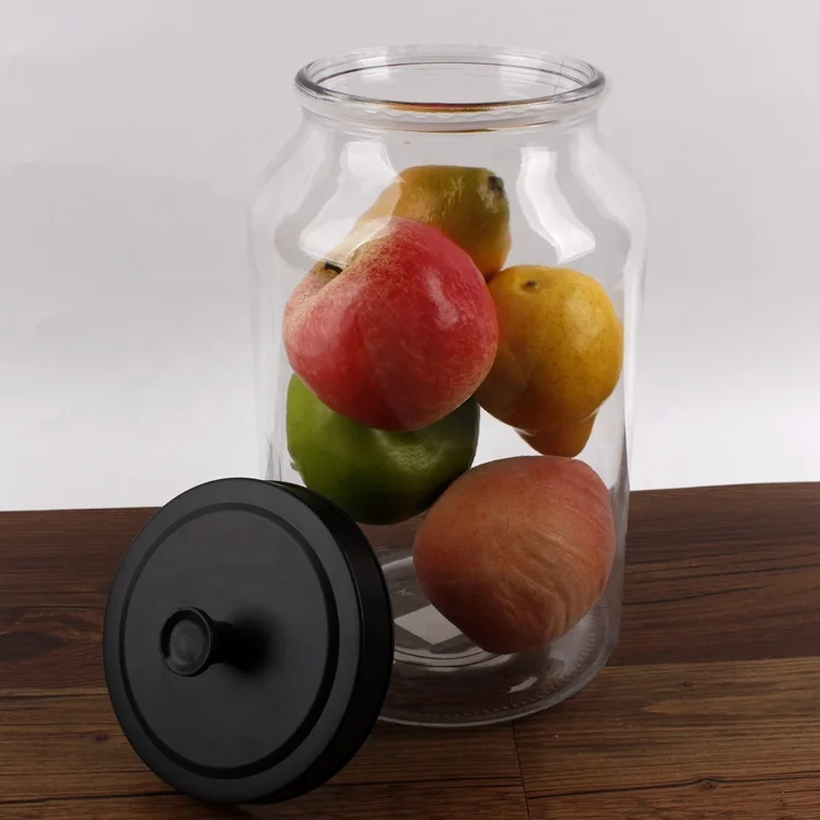 4L wide mouth round glass cookie jar container with black direct cover metal lid glass jar with metal lid