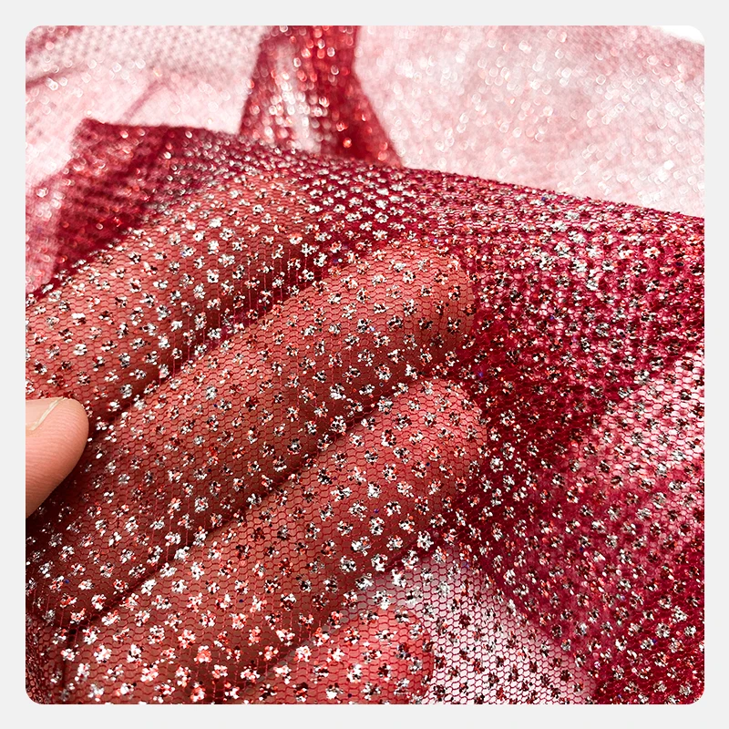 Luxury Sequin Net Shimmering Bling Premium Glitter Red Mesh Fabric Shiny Bridal Lace Fabric Silver Lurex Glitter Wedding Fabric