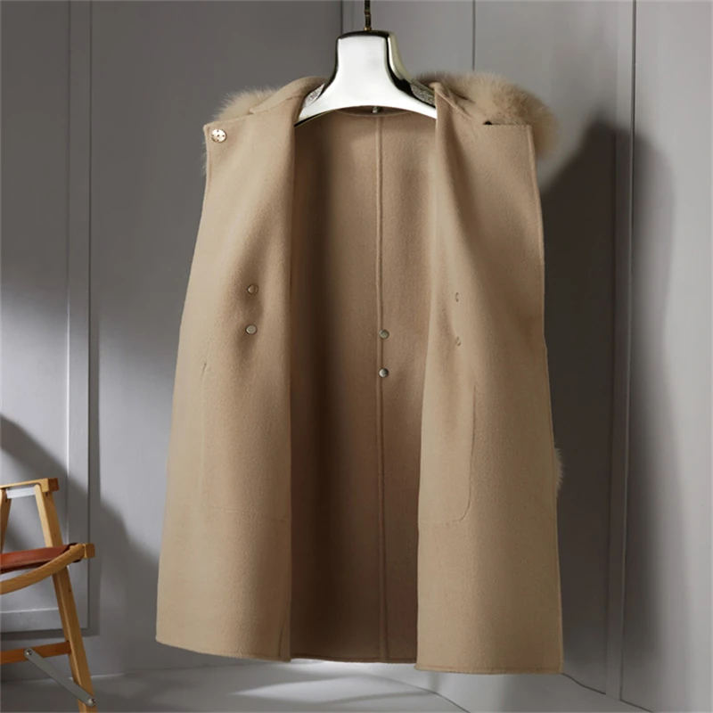 Women Winter Real Fox Fur Coat Jacket 2021 Female Lady Over Size Wool Blends Parka Trench Cape Z21172