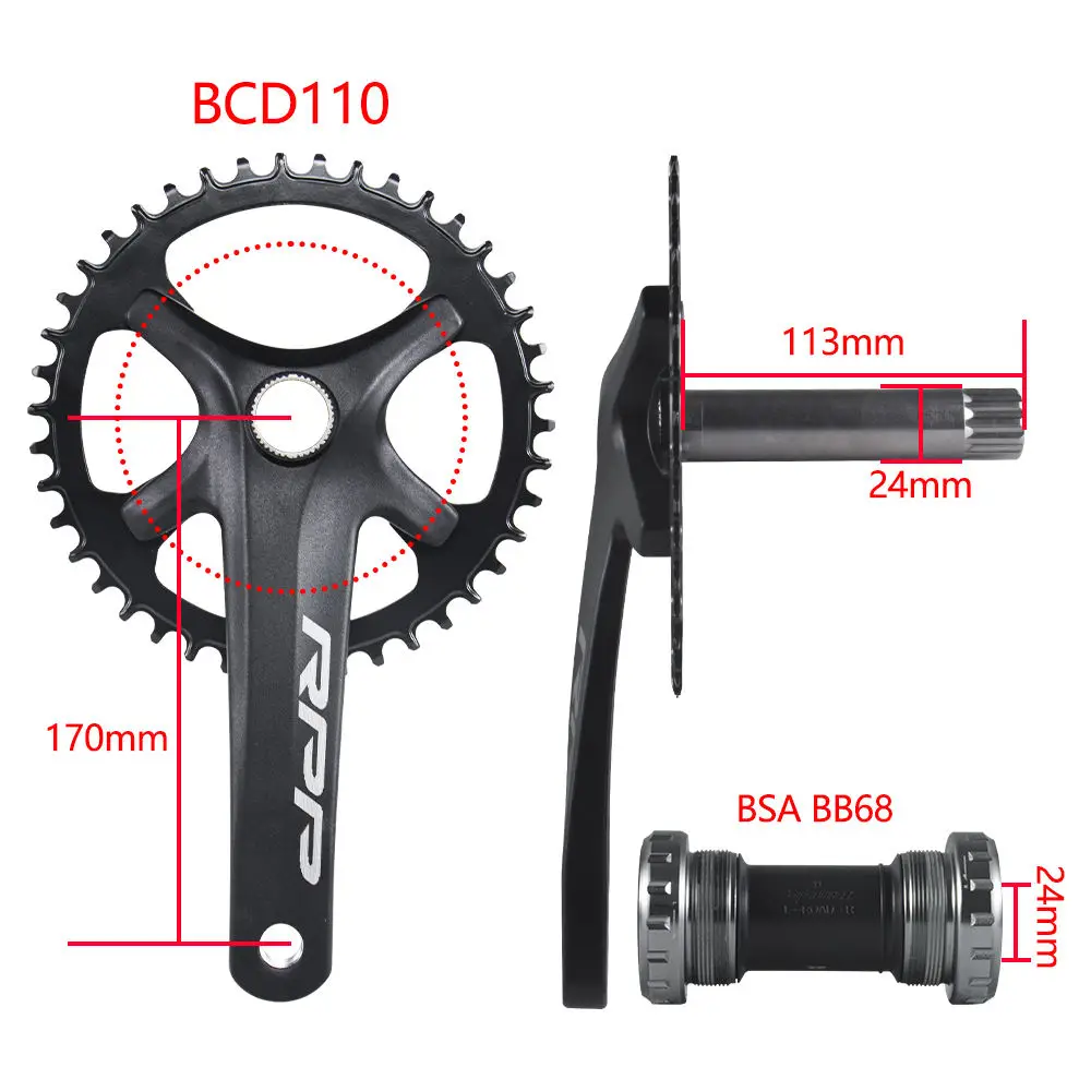 Road Bike Gravel Crankset Aluminum Alloy 170mm Hollow Crank Single Chainring 9-11S 42T MTB Bike Cranks With Bottom Bracket Set