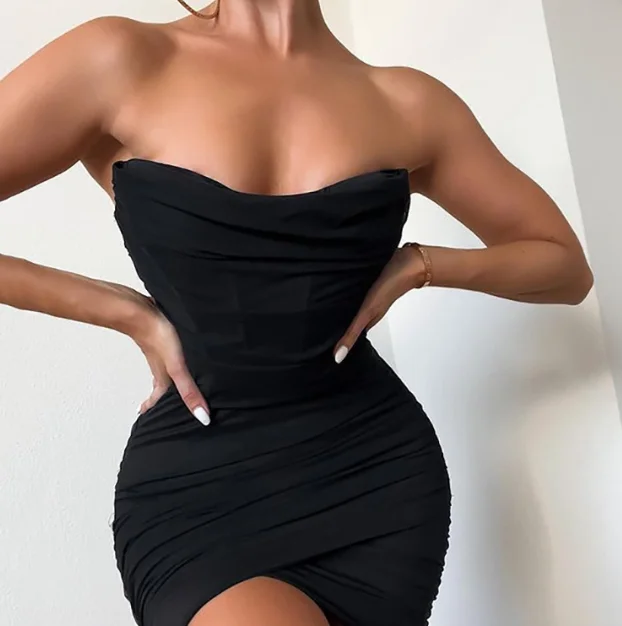 KHT4623 European and American summer women sexy mesh fishbone pleated collar pleated tube top dresses