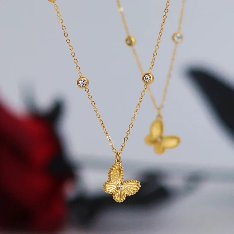 Fresh Butterfly Diamond Necklace Titanium Steel Furnace Vacuum Non-fading Small Collarbone Necklace Ins Trend Style