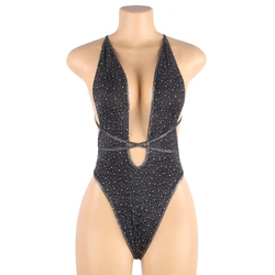 Black Wholesale Plus Size Club Outfits Erotic Diamond Ladies Rhinestone Backless Bodysuit 2022 Sexy Lingerie For Fat Women