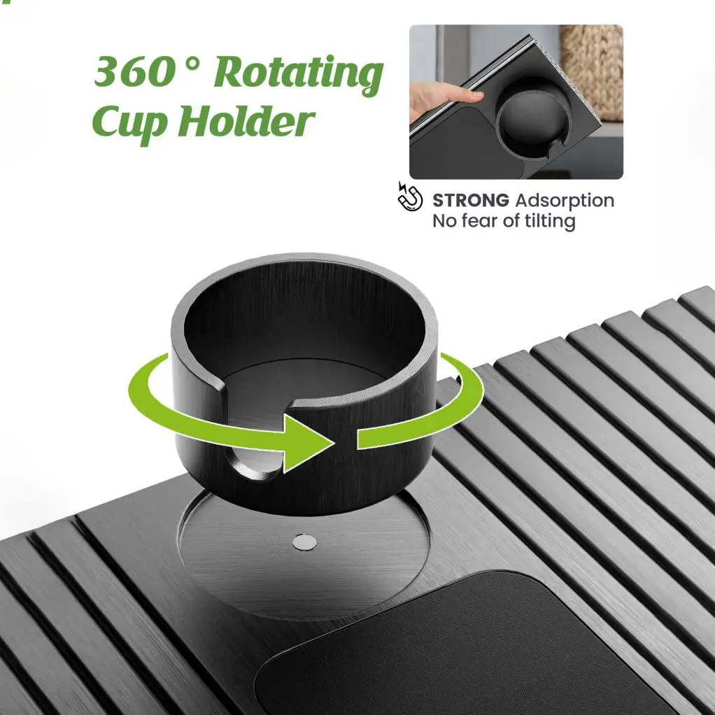 Foldable Anti-Slip Couch Arm Table with 360 Degree Rotating Drink Holder No Installation Bamboo Couch Arm Tray for Drink Snack